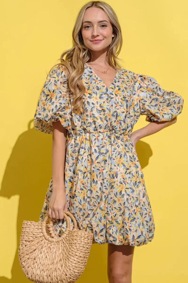 And The Why Full Size Floral Surplice Puff Sleeve Dress - Love Salve